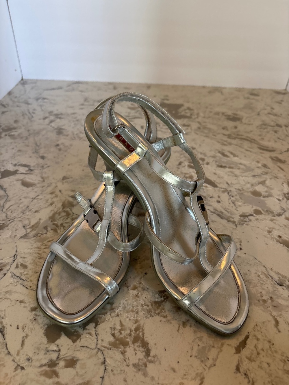 Prada T Strap Metallic Silver Sandals Heels women’s Sz 40.5